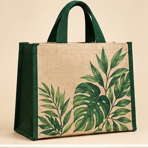 Navy Contrast Utility Tote - Green Botanical Panel