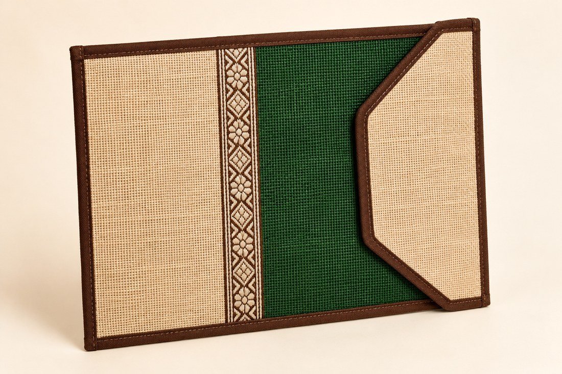 Horizontal Jute Document Folder - Forest Green Filigree