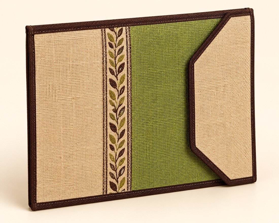 Horizontal Jute Document Folder - Olive Botanical Portfolio